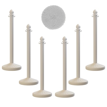 Montour Line White Plastic Stanchion (6 pack), 2.5 in Diameter, and 50 Ft of Chain PLS-WH-25-KIT-6-50